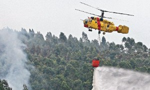 Os helicópteros Kamov gastam 1600€por hora, mas têm grande capacidade de transportar e depois despejar água sobre as chamas