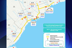 Um mapa a mostrar os atrasos estimados em toda a rede HOV, durante os Jogos Pan/Parapan-americanos Toronto 2015. FONTE: MTO