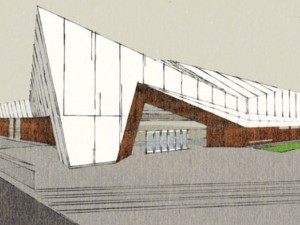 Uma vista do museu a partir de uma distância. A estrutura assimétrica é semelhante a um objeto natural, irregular, evocando um sentimento de medição científica, de acordo com a literatura do museu. (Museu de Ciência e Tecnologia do Canadá)