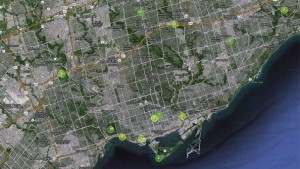 O mapa AirSensors mostra o índice de saúde da qualidade do ar em locais dos Pam Am em toda a área da Grande Toronto em 15 de julho de 2015