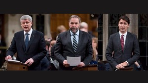 Três imagens que mostram o primeiro-ministro canadiano Stephen Harper, o líder do NDP Tom Mulcair e o líder do Partido Liberal Justin Trudeau na Câmara dos Comuns - 24 de março de 2015. THE CANADIAN PRESS/Adrian Wyld