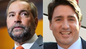 Ambos os líderes Tom Mulcair (NDP) e Justin Trudeau (Liberal) apontaram o dedo às políticas económicas de Stephen Harper e prometeram fazer mais pela classe média em paragens de campanha separadas no domingo. (Canadian Press / Trudeau)