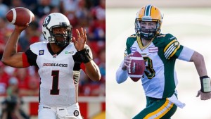 O Quarterback Henry Burris, à esquerda, dos Ottawa RedBlacks, juntamente com o seu homólogo Mike Reilly, direita, dos Edmonton Eskimos, vão ter uma semana extra de descanso, depois de ambas as equipas terem passado à fase seguinte dos playoffs CFL. (Getty Images)
