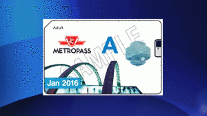 O Metropass para janeiro 2016 mostra a pista de patinagem na Nathan Phillips Square e uma sugestão para o desenho do mês seguinte