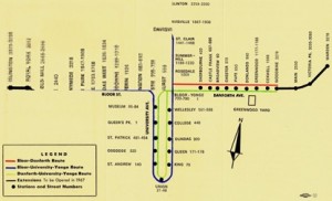 Um mapa do sistema de metro da TTC como era em 25 de fevereiro de 1966. Imagem cedida por TTC / Brad Ross
