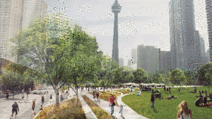 Esta representação mostra um parque que é proposto para uma área no centro da cidade. (Cidade de Toronto)