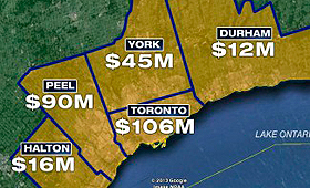 Um mapa dos custos para a GTA da tempestade de gelo. CORTESIA: GTA municipalities, City of Toronto