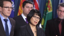 Olivia Chow, ao centro, ladeada por Andrew Cash (à esquerda) e outros deputados, apelou à ajuda do governo federal. (Fred Chartrand/The Canadian Press)