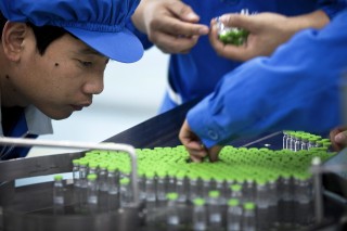 Trabalhadores inspecionam rótulos em frascos contendo a vacina contra a gripe H5N1, na Sinovac Biotech Ltd., em Pequim, China. Foto de arquivo. AP Photo/Andy Wong.