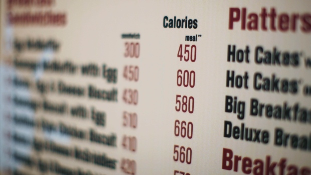 Calorias de cada item alimentar aparecem no menu de drive-thru McDonalds em Nova York. (AP Photo / Ed Ou, File)