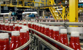 Garrafas de ketchup Heinz numa unidade de produção. Foto de arquivo sem data. Divulgação