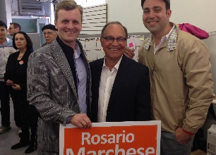 Rosario Marchese (ao centro) parte com otimismo para mais uma campanha de reeleição na área de Trinity-Spadina. Na foto com Joe Cressy e Jonah Schein.