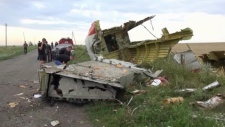 Imagem retirada de um vídeo mostra parte dos destroços do avião de passageiros abatido na quinta-feira quando voava sobre a Ucrânia, perto da aldeia de Hrabove, no leste da Ucrânia. (AP Photo/Canal1)