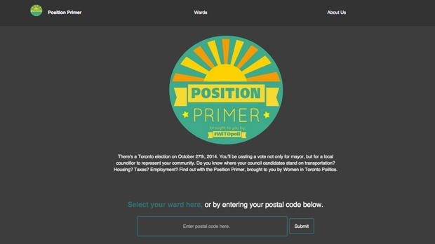 Esta é uma imagem do website Position Primer que visa informar os eleitores de Toronto sobre quem está a concorrer à Assembleia Municipal, pelo seu Bairro e quais são as plataformas dos candidatos.