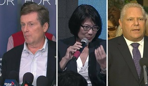 Os candidatos a presidente John Tory, Olivia Chow e Doug Ford