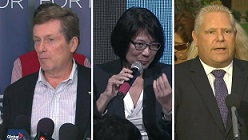 Os candidatos a presidente John Tory, Olivia Chow e Doug Ford, nesta imagem (composição)