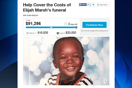 Imagem de ecrã da campanha online em Tilt.com, para angariar dinheiro para o funeral da criança de três anos de idade, Elijah Marsh. FONTE: Tilt.com