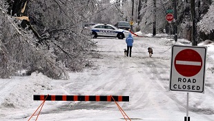 Um pedestre caminha por uma rua ainda encerrada por causa de linhas de eletricidade derrubadas e árvores, em Brampton, Ontário - 23 de dezembro de 2013. (The Canadian Press / JP Moczulski)