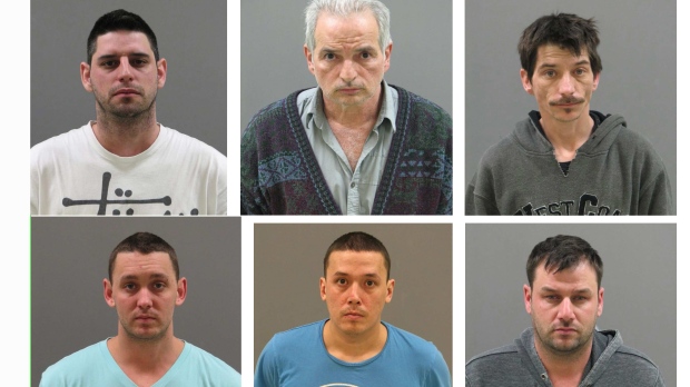 Os detidos pela polícia de Montreal na quarta-feira foram, (linha superior da esquerda) Yanick Viau, Claudio Ponari, Sylvain Piquette, (linha de fundo) Vincent Charron, Lucassie Bonhomme, Yanic Bilodeau