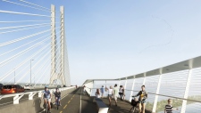 O projeto para a nova proposta da Ponte Champlain é mostrado na rendição de um artista, apresentada no sábado, 31 maio de 2014, em Montreal. (HO, Infraestruturas Canadá-Alexis Fortin Robitaille / The Canadian Press)