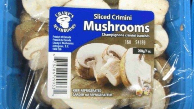 Pacote de Cogumelos da Champ’s nesta foto de divulgação da Canadian Food Inspection Agency. (Handout)