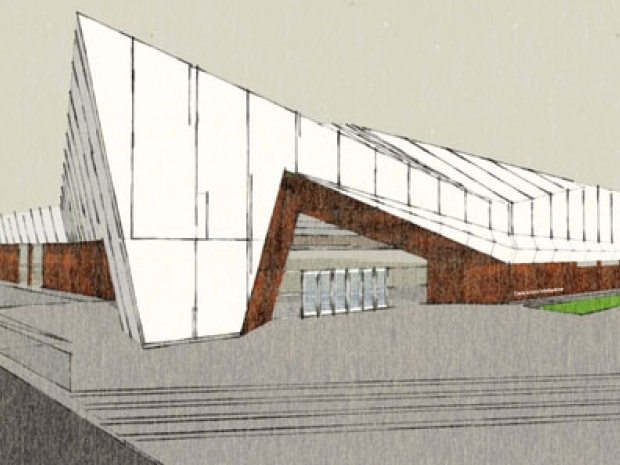 Uma vista do museu a partir de uma distância. A estrutura assimétrica é semelhante a um objeto natural, irregular, evocando um sentimento de medição científica, de acordo com a literatura do museu. (Museu de Ciência e Tecnologia do Canadá)