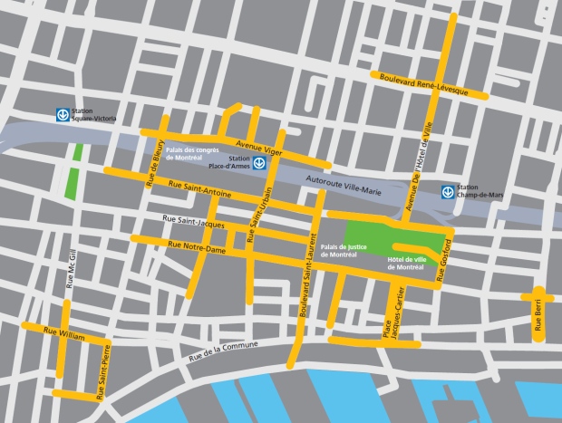 Mapa das ruas atualmente com cobertura por Wi-Fi gratuito na Old Montreal.