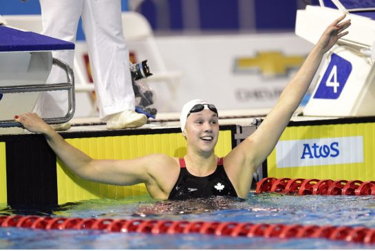 Chantal van Landeghem, do Canadá, reage depois de vencer a prova de 100 metros livres nos 2015 Jogos Pan Am em Toronto na terça-feira. FRANK Gunn/Canadian Press