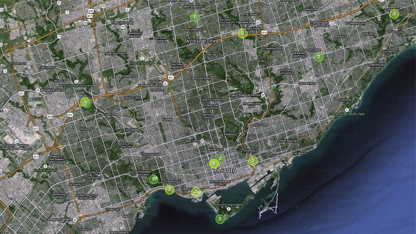 O mapa AirSensors mostra o índice de saúde da qualidade do ar em locais dos Pam Am em toda a área da Grande Toronto em 15 de julho de 2015 O mapa AirSensors mostra o índice de saúde da qualidade do ar em locais dos Pam Am em toda a área da Grande Toronto em 15 de julho de 2015