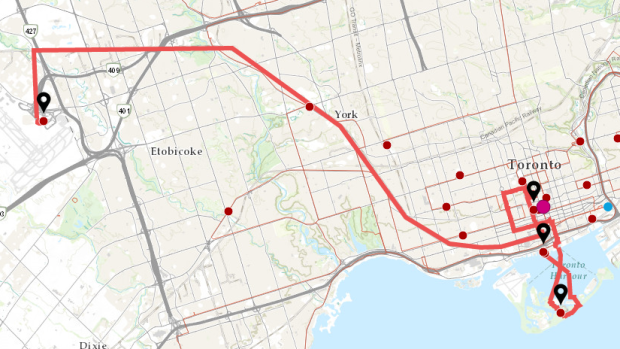 A rota da passagem da tocha dos Pan Am Games para sexta-feira, 10 de julho. (Toronto 2015 Pan Am Games)