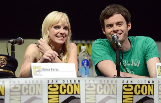 Anna Faris, à esquerda, e Bill Hader participam no painel 'Cloudy with a Chance of Meatballs 2' no dia 3 de Comic-Con Internacional em San Diego, na Califórnia. Foto de arquivo (Jordan Strauss / Invision)
