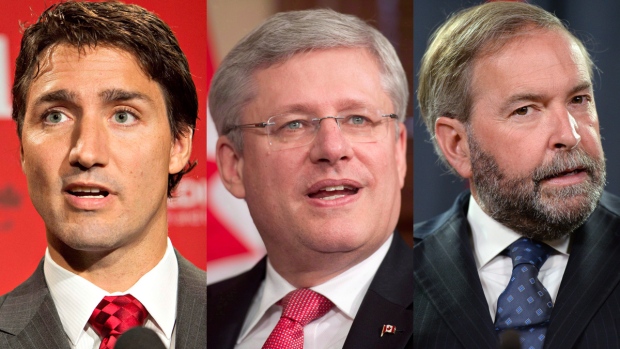 O líder Liberal Justin Trudeau, esquerda para a direita, o primeiro-ministro Stephen Harper e o líder do NDP Thomas Mulcair numa foto de combinação (Jason Franson / Sean Kilpatrick / Adrian Wyld / The Canadian Press)