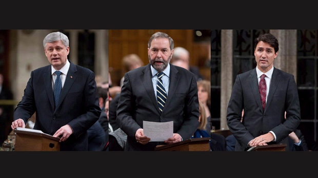 Três imagens que mostram o primeiro-ministro canadiano Stephen Harper, o líder do NDP Tom Mulcair e o líder do Partido Liberal Justin Trudeau na Câmara dos Comuns - 24 de março de 2015. THE CANADIAN PRESS/Adrian Wyld