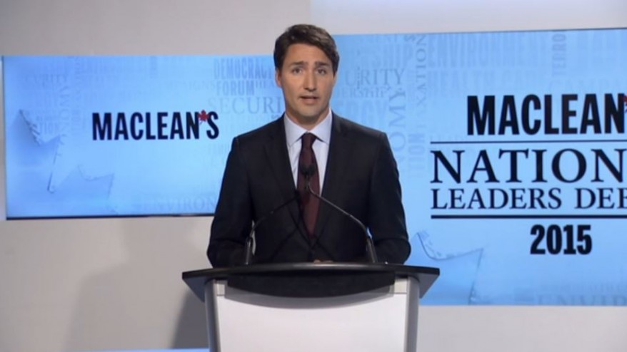 Justin Trudeau no debate nacional de líderes de quinta-feira, organizado pela revista Maclean. CityNews.