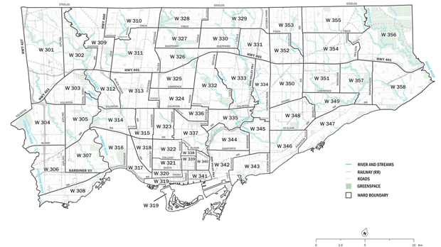 Um mapa limite municipal que apresenta 58 novos bairros. A proposta é uma das cinco a ser consideradas para a reformulação das divisões municipais de Toronto.