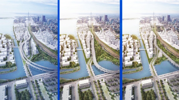 Três opções 'híbridas' para a Gardiner Expressway são mostradas nesta imagem de um relatório de uma equipa da cidade de Toronto