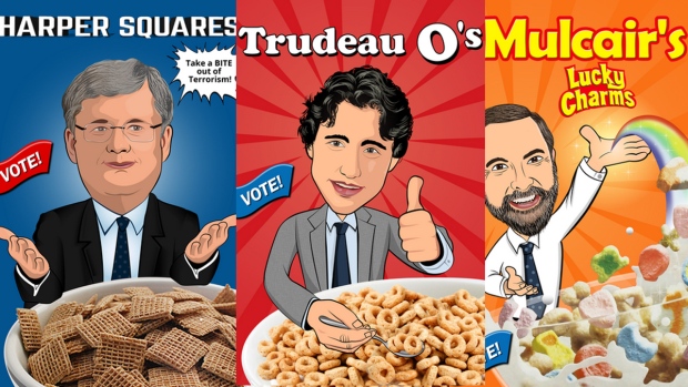 'Harper Squares,' 'Trudeau O's' and 'Mulcair's Lucky Charms' (Jaime Christian / polishtick.com)