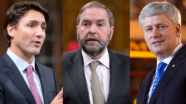 O líder Liberal Justin Trudeau, o líder do NDP Thomas Mulcair e o líder Conservador Stephen Harper são retratados nesta imagem de combinação. (The Canadian Press)