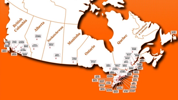 Um infográfico da RentSeeker.ca mostra o preço médio de arrendamento de um apartamento de um quarto em todo o Canadá