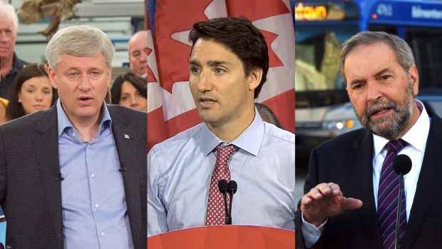 O líder conservador Stephen Harper, o líder Liberal Justin Trudeau e o líder do NDP Tom Mulcair