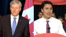Nesta imagem de composição, o líder Conservador Stephen Harper e o líder Liberal Justin Trudeau falam à imprensa - 5 de outubro de 2015