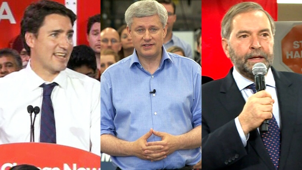 O líder Liberal Justin Trudeau, o líder Conservador Stephen Harper, e o líder do NDP Thomas Mulcair