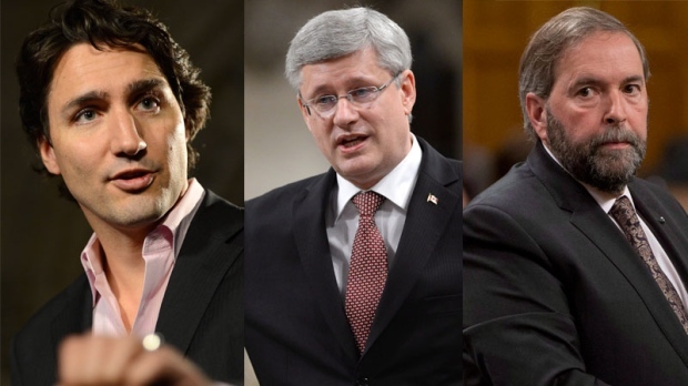 O líder Liberal Justin Trudeau, o líder conservador Stephen Harper e o líder do NDP Thomas Mulcair aparecem nesta imagem composta. (The Canadian Press / Sean Kilpatrick)