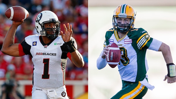 O Quarterback Henry Burris, à esquerda, dos Ottawa RedBlacks, juntamente com o seu homólogo Mike Reilly, direita, dos Edmonton Eskimos, vão ter uma semana extra de descanso, depois de ambas as equipas terem passado à fase seguinte dos playoffs CFL. (Getty Images)