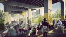 Rendição de um artista mostra um projeto de espaço público debaixo da Gardiner Expressway perto da Strachan Avenue. O espaço público seria construído como parte de uma reabilitação de um trecho de 1,75 quilómetros de terra por baixo da estrada.