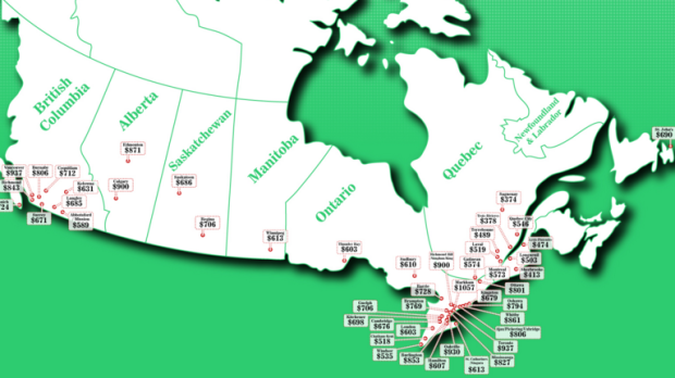 Um infográfico compilado por RentSeeker.ca mostra o preço médio de arrendamento de um estúdio em todo o Canadá