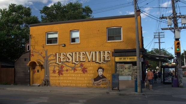 Um mural icónico baseado no poeta canadiano Alexander Muir é retratado na Queen Street East e Jones Avenue em Leslieville. (Wikipedia)