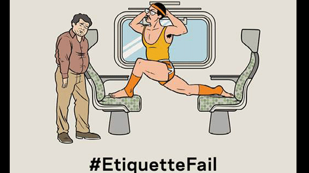 Um dos cartazes que irão estar nos veículos GO Transit, como parte de uma nova campanha em torno de má etiqueta durante a ida para o local de trabalho