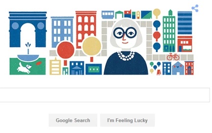 Um doodle da Google em homenagem a Jane Jacobs é retratado na página inicial do Google - 4 de maio de 2016 (Google)