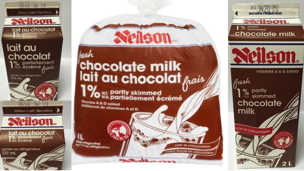 Imagens dos produtos afetados de leite com chocolate Neilson. (CFIA / HO)